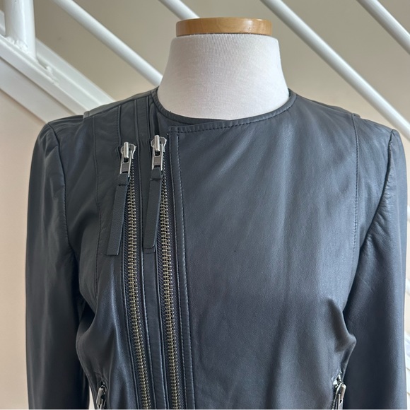 Joie Black Leather Short Round Neck Biker Asymmetric Zip Leather Jacket Sz Large - Picture 5 of 16